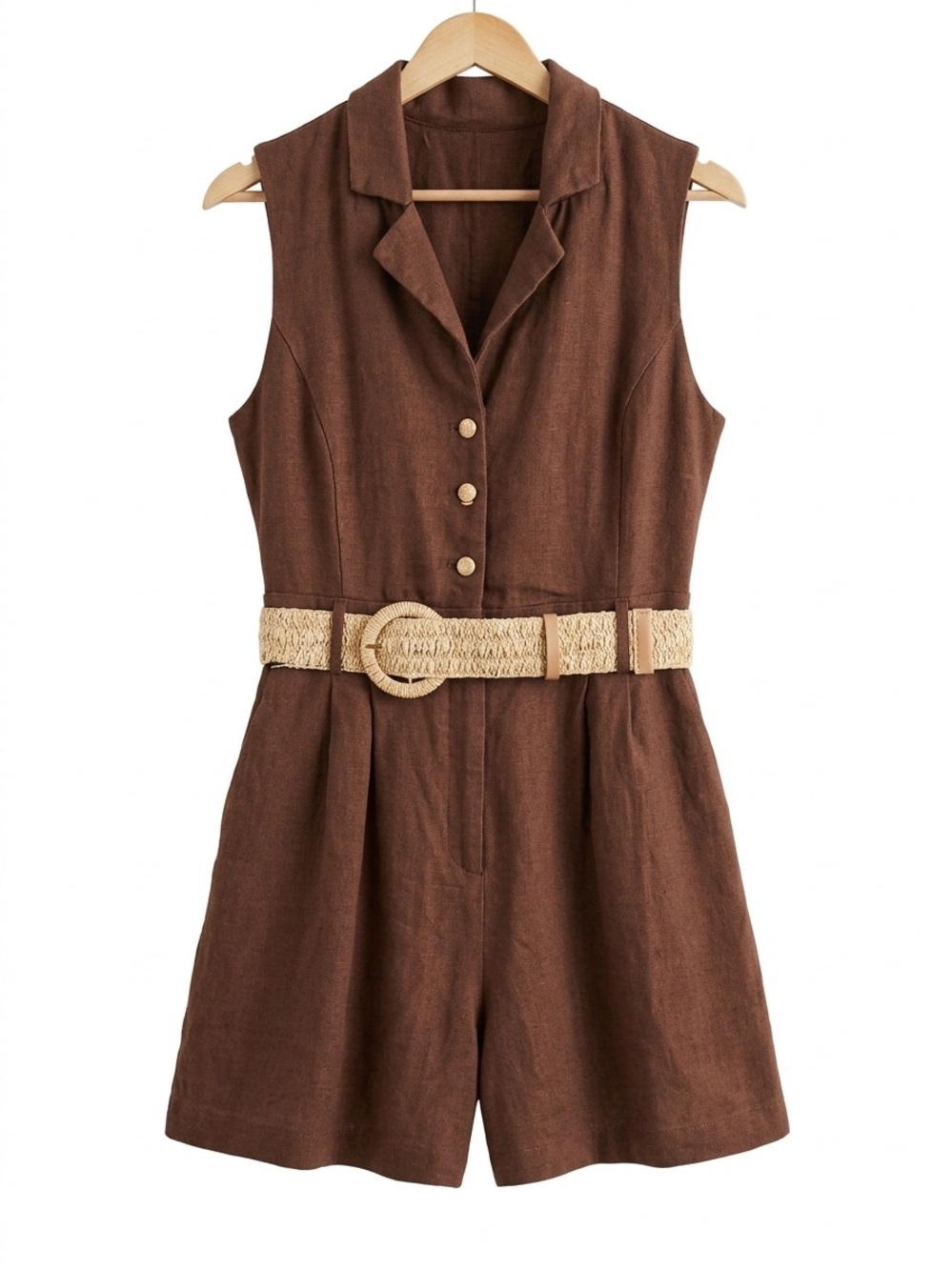 Belle Vere X Anthro Chocolate Brown Linen Blend Belted Romper Euro Summer